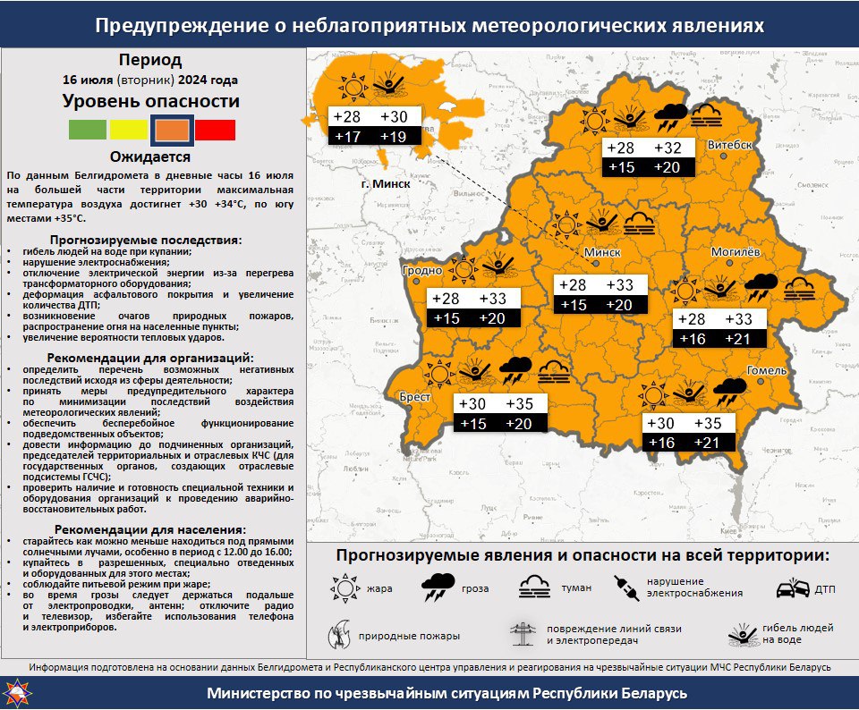 Белгидромет предупреждает о неблагоприятном метеорологическом явлении на 16 июля в Витебской области