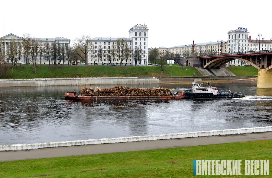 ФОТОФАКТ: баржа с 340 кубометрами леса прошла по Западной Двине в Витебске 